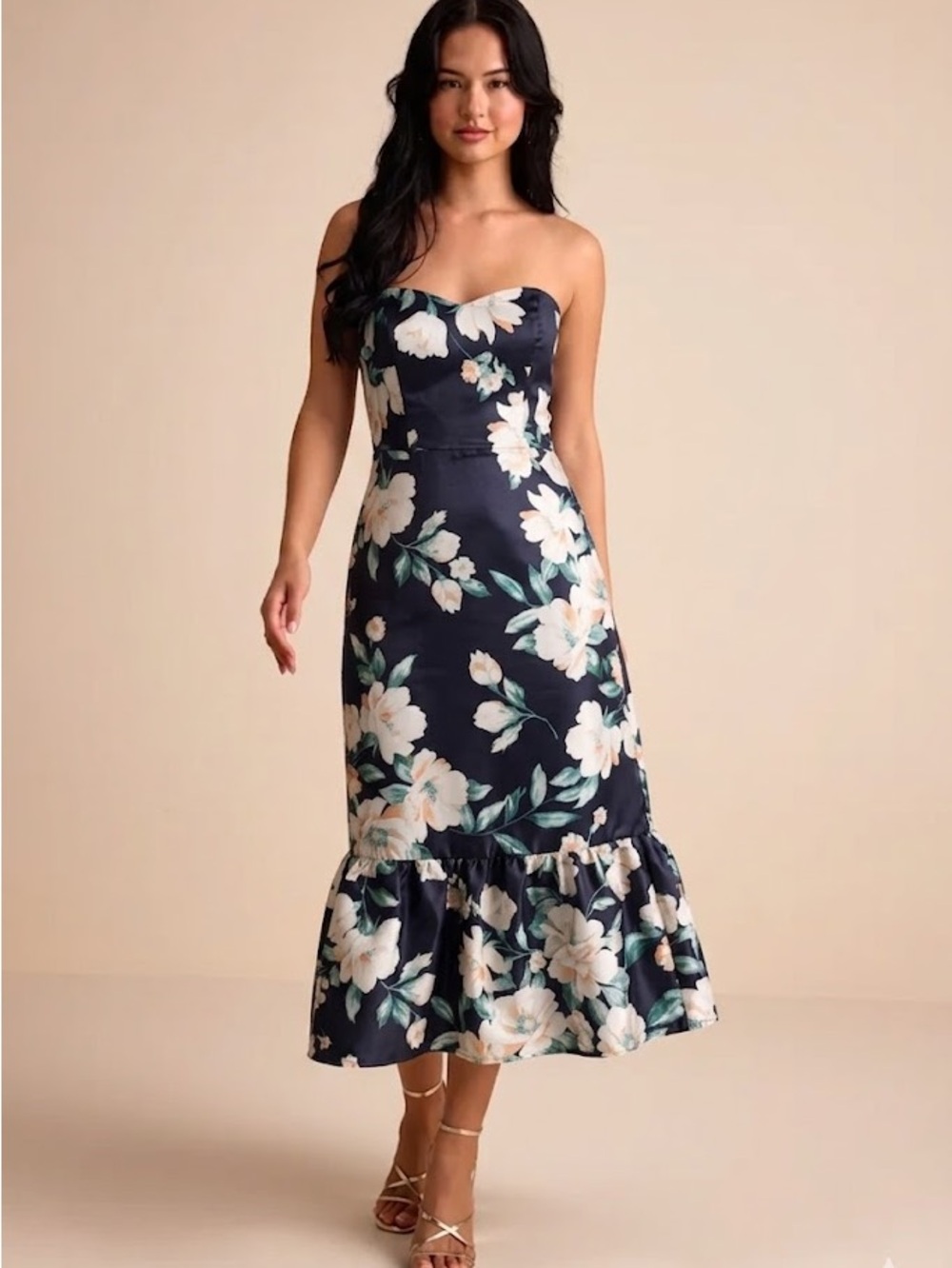 NWT Lulua Navy Floral Strapless Tiered Corset Closure Midi Dress Size M